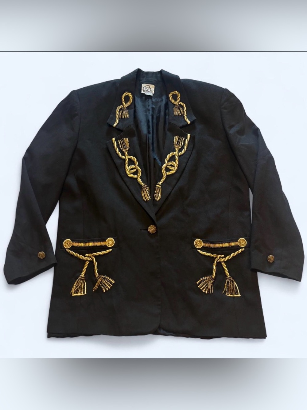 VTG Gantos Matador Blazer Jacket M Black Wool Blend Gold Embroidered Tassel 80s